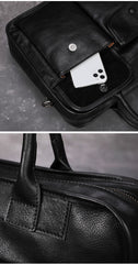 Black Leather Mens Handbag 14‘’ Laptop Briefcase Side BAG Vintage Business Bag FOR MEN