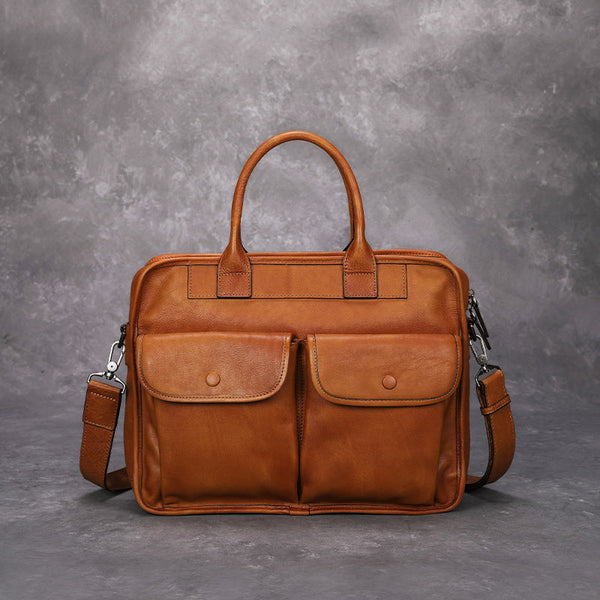 Brown Leather Mens Handbag 14‘’ Laptop Briefcase Side BAG Vintage Business Bag FOR MEN