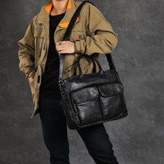 Black Leather Mens Handbag 14‘’ Laptop Briefcase Side BAG Vintage Business Bag FOR MEN