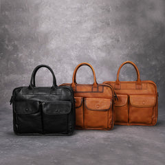 Black Leather Mens Handbag 14‘’ Laptop Briefcase Side BAG Vintage Business Bag FOR MEN