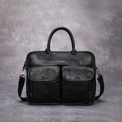 Black Leather Mens Handbag 14‘’ Laptop Briefcase Side BAG Vintage Business Bag FOR MEN