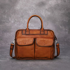 Brown Leather Mens Handbag 14‘’ Laptop Briefcase Side BAG Vintage Business Bag FOR MEN