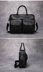 Black Leather Mens Handbag 14‘’ Laptop Briefcase Side BAG Vintage Business Bag FOR MEN