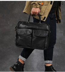 Black Leather Mens Handbag 14‘’ Laptop Briefcase Side BAG Vintage Business Bag FOR MEN