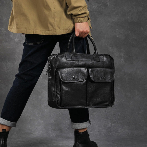 Black Leather Mens Handbag 14‘’ Laptop Briefcase Side BAG Vintage Business Bag FOR MEN