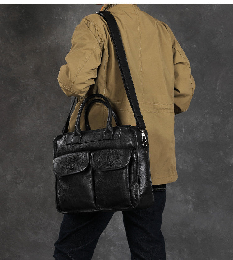 Vintage Brown Leather Mens Handbag 14‘’ Laptop Briefcase Side BAG Business Bag FOR MEN