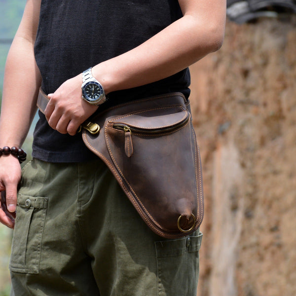 Coffee Leather Mens OX Thigh Bag Waist Bag Hip Pack Dropleg Bag Side Bag For Men