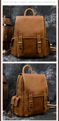Tan Leather Mens Satchel Backpack 14'' Laptop Rucksack Vintage School Backpack For Men