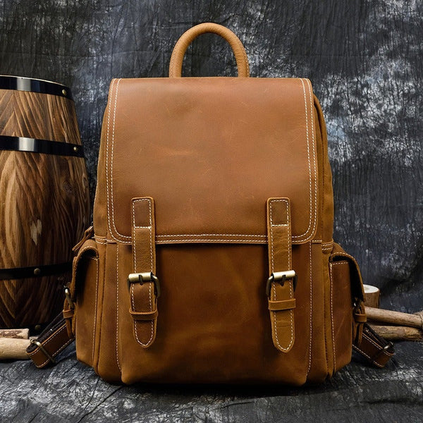 Tan Leather Mens Satchel Backpack 14'' Laptop Rucksack Vintage School Backpack For Men