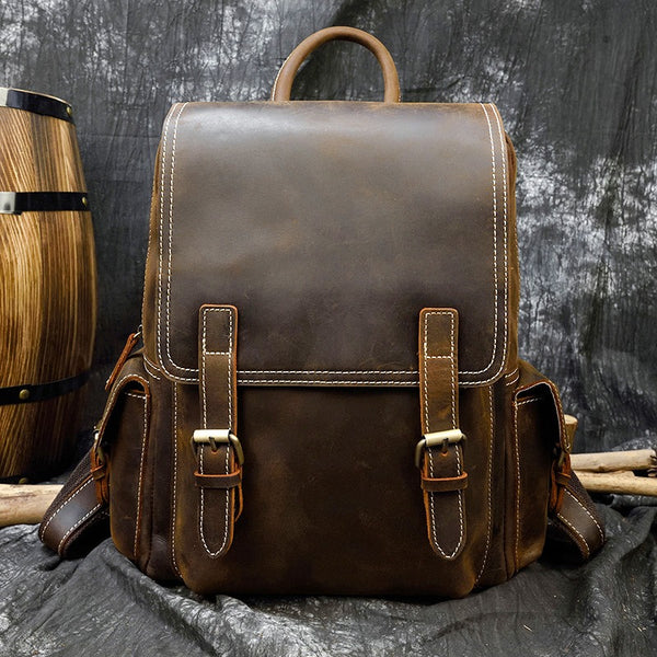 Leather Mens Satchel Backpack 14'' Laptop Rucksack Vintage School Backpack For Men