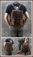 Tan Leather Mens Satchel Backpack 14'' Laptop Rucksack Vintage School Backpack For Men