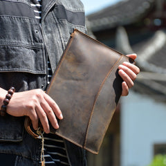 Leather Mens Slim Clutch Wallet Brown Wristlet Wallet Brown Zipper Wristlet Clutch for Men