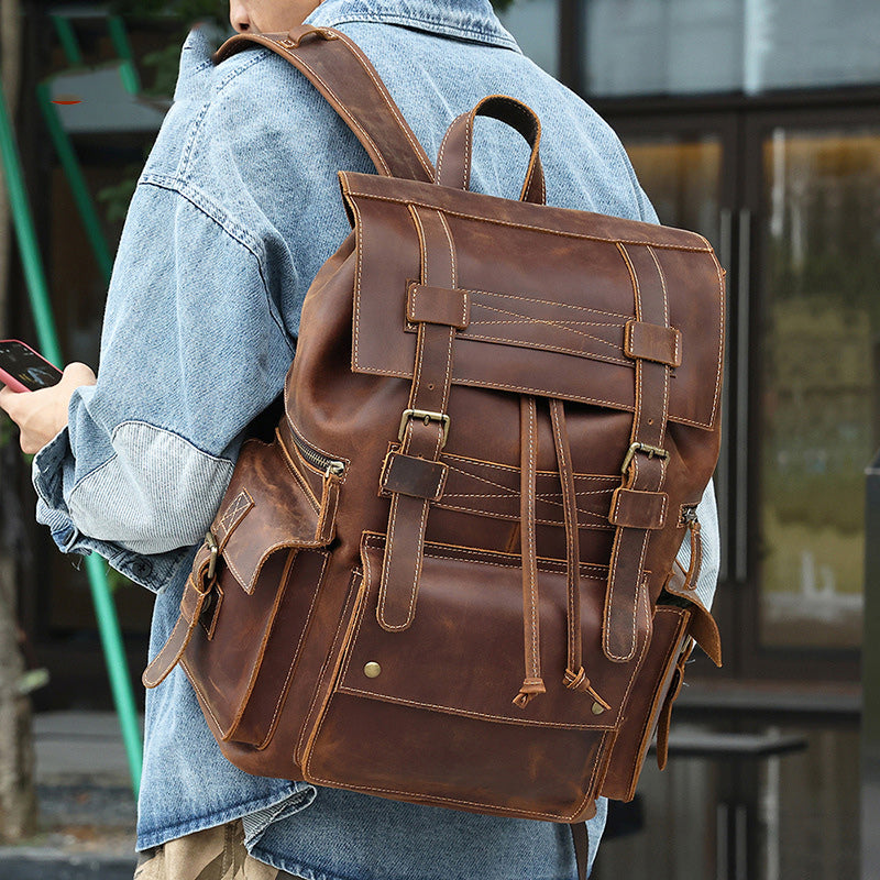 Leather Mens Travel Backpack 17'' Laptop School Rucksack Vintage Satchel Backpack For Men