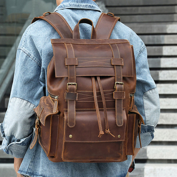 Leather Mens Travel Backpack 17'' Laptop School Rucksack Vintage Satchel Backpack For Men