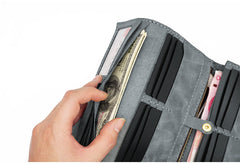 Leather Mens Trifold Long Wallet Handmade Lots Cards Checkbook Long Wallet for Men - iwalletsmen