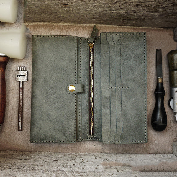 Mens Leather Trifold Long Wallet Handmade Lots Cards Checkbook Long Wallet for Men - iwalletsmen