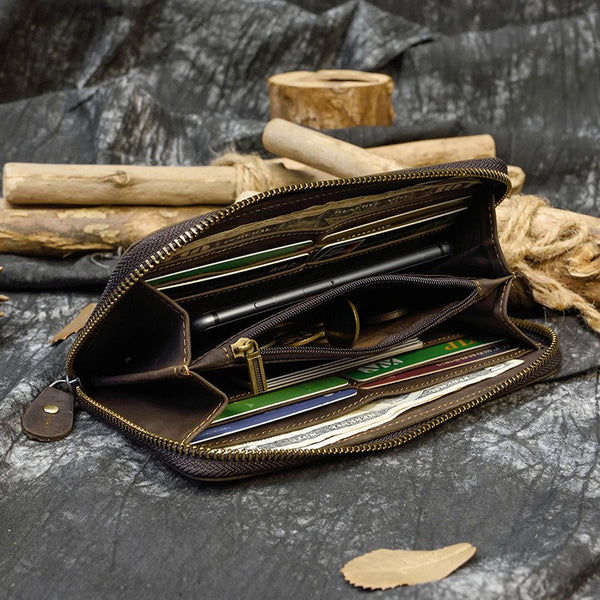 Leather Round Zip Wallet Long Wallet for Men Multi Cards Zip Clutch Wallet For Men