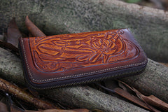 Leather Skull Tooled Mens Handmade Long Wallets Cool Death Zip Leather Wallet Clutch Wallet for Men