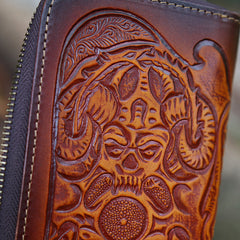 Leather Skull Tooled Mens Handmade Long Wallet Cool Death Zip Leather Wallet Clutch Wallet for Men