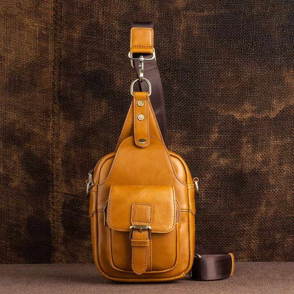 Leather Sling Bag Crossbody Sling Pack Tan Small Shoulder Bag Side Bag For Men