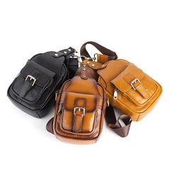 Leather Sling Bag Crossbody Sling Pack Tan Small Shoulder Bag Side Bag For Men