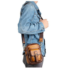 Leather Sling Bag Crossbody Sling Pack Tan Small Shoulder Bag Side Bag For Men