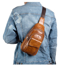 Leather Sling Bag For Men Brown Crossbody Sling Pack Small Chest Bag For Men