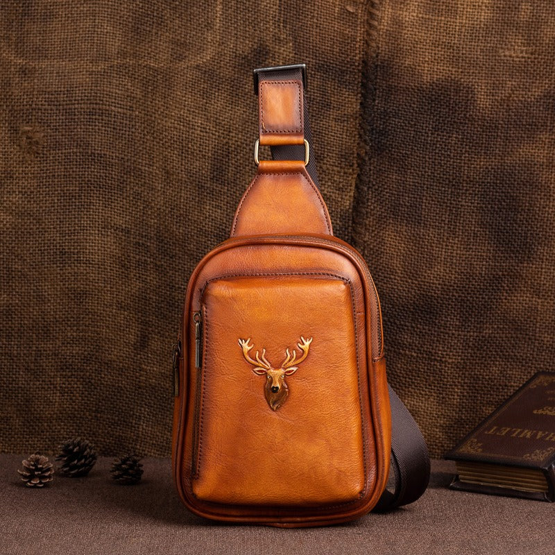 Leather Sling Bag For Men Brown Reindeer Crossbody Sling Pack Chest Bag For Men