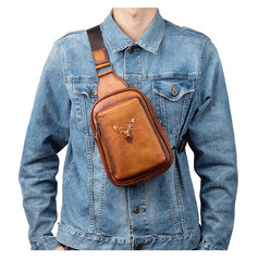 Leather Sling Bag For Men Brown Reindeer Crossbody Sling Pack Chest Bag For Men