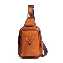 Leather Sling Bag For Men Brown Reindeer Crossbody Sling Pack Chest Bag For Men