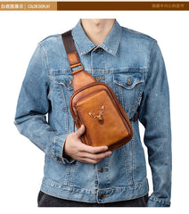 Leather Sling Bag For Men Brown Reindeer Crossbody Sling Pack Chest Bag For Men