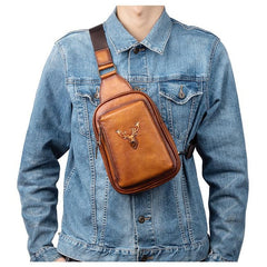 Leather Sling Bag For Men Brown Reindeer Crossbody Sling Pack Chest Bag For Men