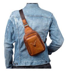 Leather Sling Bag For Men Brown Reindeer Crossbody Sling Pack Chest Bag For Men