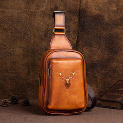 Leather Sling Bag For Men Brown Reindeer Crossbody Sling Pack Chest Bag For Men