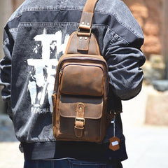 Leather Sling Bag Mens Chest Bag Sling Crossbody Bag Coffee Travel Sling Pack For Men