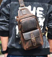 Leather Sling Bag Mens Chest Bag Sling Crossbody Bag Coffee Travel Sling Pack For Men
