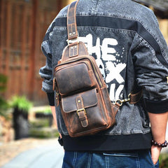 Leather Sling Bag Mens Chest Bag Sling Crossbody Bag Coffee Travel Sling Pack For Men