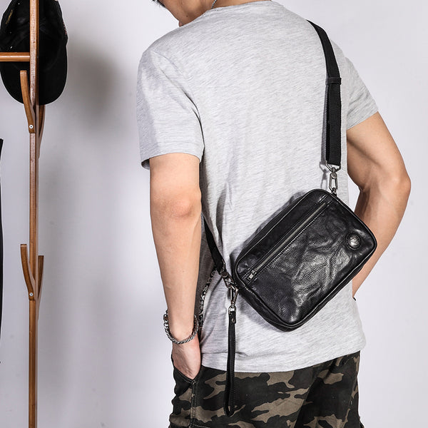 Leather Sling Bag Mens Wristlet Bag Crossbody Bag Black Travel Sling Pack For Men