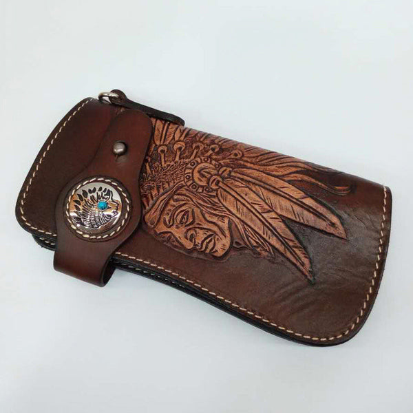 Leather Tooled Indian Chief Mens Biker Chain Wallet