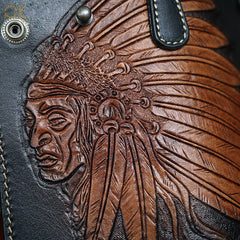 Leather Tooled Indian Chief Mens Biker Chain Wallet