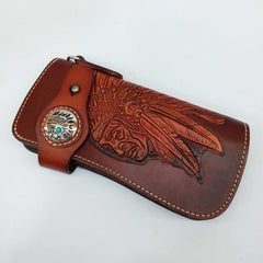 Leather Tooled Indian Chief Mens Biker Chain Wallet