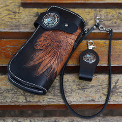 Leather Tooled Indian Chief Mens Biker Chain Wallet