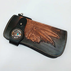Leather Tooled Indian Chief Mens Biker Chain Wallet