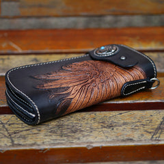 Leather Tooled Indian Chief Mens Biker Chain Wallet