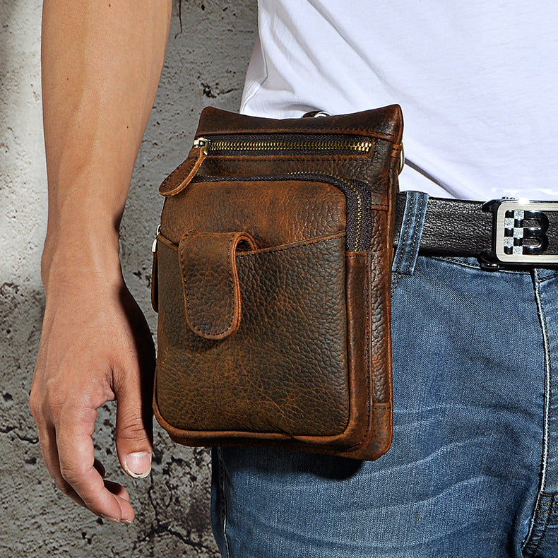 Vintage Brown Leather Mini Sling Bag Waist Belt Pouch For Men