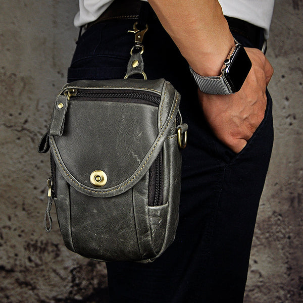 Gray Leather Belt Pouch Mens Small Crossbody Bag Cell Phone Belt Holster Mens Leather Belt Bag