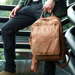 Leather Camel Mens Backpack Cool Travel Backpacks Laptop Backpack for men - iwalletsmen