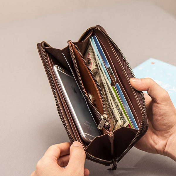 Leather Long Wallets for Men Zipper Long Wallet