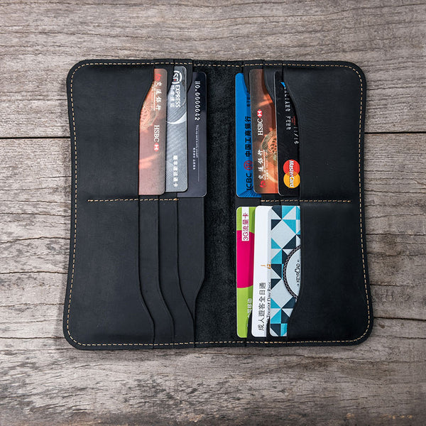 Leather Long Wallets for men Black Bifold Men Long Wallet