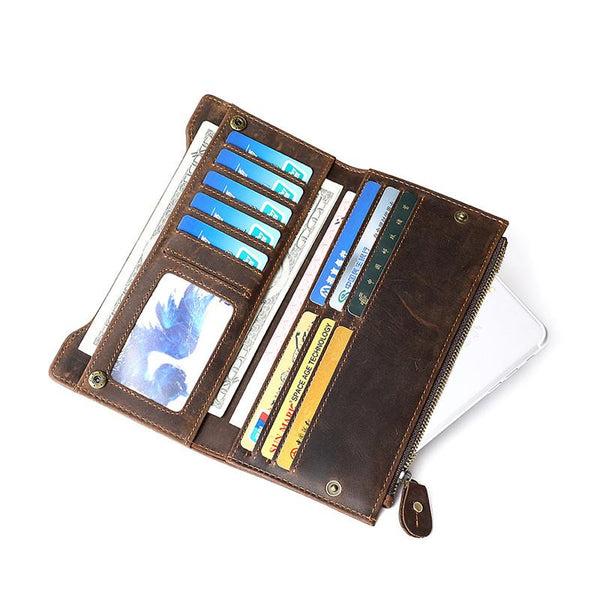 Leather Long wallets for Men Wallet Vintage Zipper Credit Cards Wallet for Men Bifold - iwalletsmen